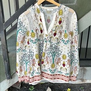 Sandro Paris Azucar Print Chiffon Blouse Zodiac Celestial Bohemian Sz 3